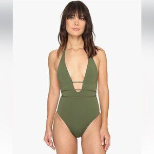 L*Space Pamela Jungle Green Tie Around Halter One Piece Swimsuit